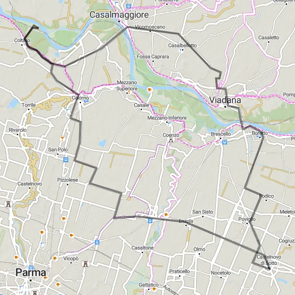 Miniaturní mapa "Cyklistický okruh San Sisto - Poviglio" inspirace pro cyklisty v oblasti Emilia-Romagna, Italy. Vytvořeno pomocí plánovače tras Tarmacs.app