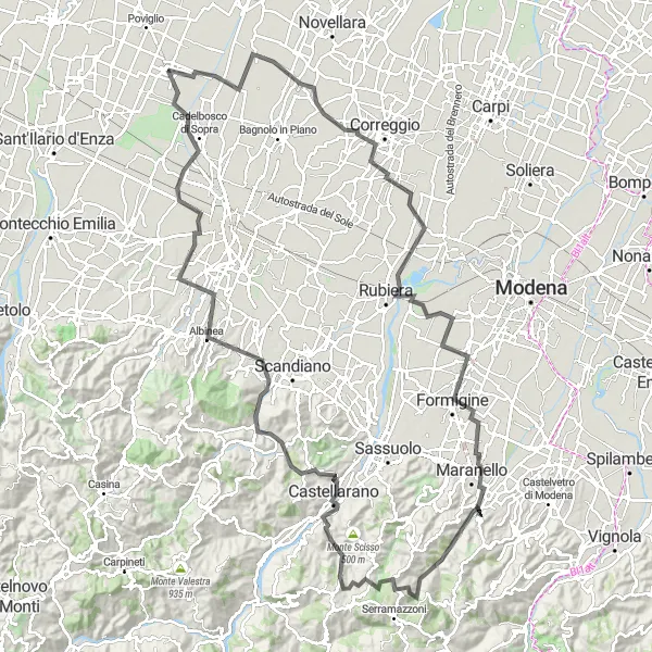Mapa miniatúra "Náročná trasa okolo Maranello" cyklistická inšpirácia v Emilia-Romagna, Italy. Vygenerované cyklistickým plánovačom trás Tarmacs.app