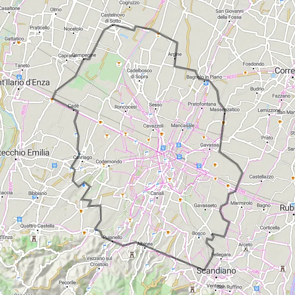 Zemljevid v pomanjšavi "Kolesarska tura po cesti blizu Castelnovo di Sotto" kolesarske inspiracije v Emilia-Romagna, Italy. Generirano z načrtovalcem kolesarskih poti Tarmacs.app