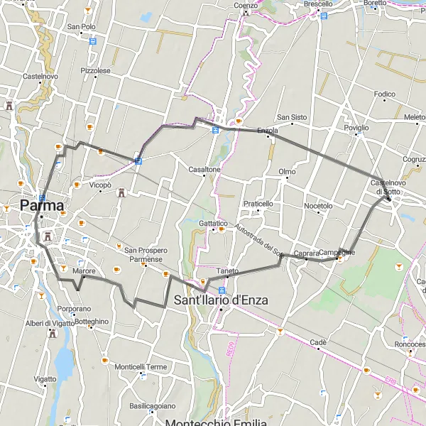 Miniatura della mappa di ispirazione al ciclismo "Alla scoperta di Parma in bicicletta" nella regione di Emilia-Romagna, Italy. Generata da Tarmacs.app, pianificatore di rotte ciclistiche