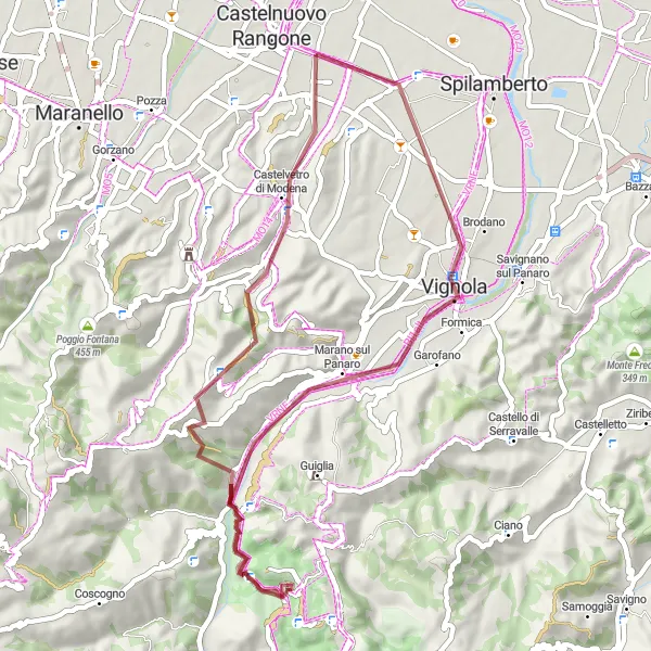 Miniatua del mapa de inspiración ciclista "Ruta Vignola - Castelvetro di Modena" en Emilia-Romagna, Italy. Generado por Tarmacs.app planificador de rutas ciclistas