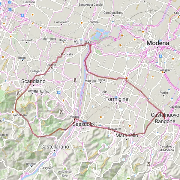 Kartminiatyr av "Castelnuovo Rangone - Maranello - Sassuolo - Rubiera Loop" sykkelinspirasjon i Emilia-Romagna, Italy. Generert av Tarmacs.app sykkelrutoplanlegger