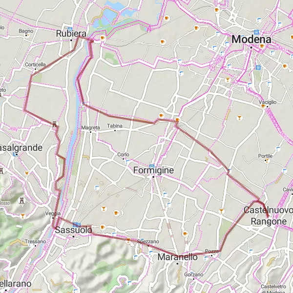 Miniatua del mapa de inspiración ciclista "Ruta de ciclismo de grava desde Castelnuovo Rangone" en Emilia-Romagna, Italy. Generado por Tarmacs.app planificador de rutas ciclistas