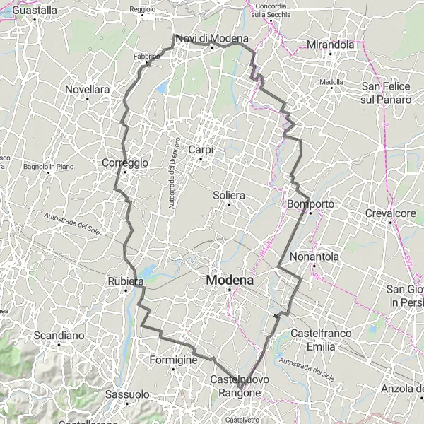 Miniaturní mapa "Okružní cyklistická trasa kolem Castelnuovo Rangone" inspirace pro cyklisty v oblasti Emilia-Romagna, Italy. Vytvořeno pomocí plánovače tras Tarmacs.app