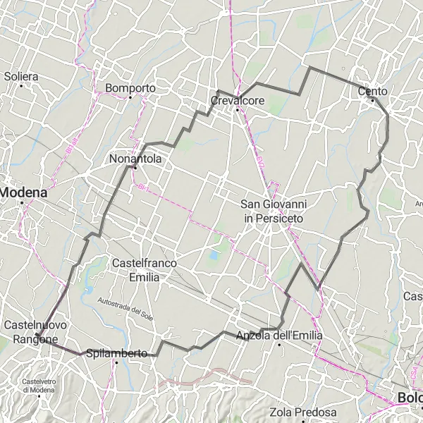 Miniatura della mappa di ispirazione al ciclismo "Passeggiata in bicicletta da Castelnuovo Rangone a Cento" nella regione di Emilia-Romagna, Italy. Generata da Tarmacs.app, pianificatore di rotte ciclistiche