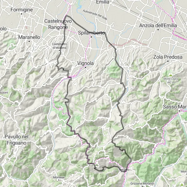 Miniaturní mapa "Road Cycling Adventure to Zocca" inspirace pro cyklisty v oblasti Emilia-Romagna, Italy. Vytvořeno pomocí plánovače tras Tarmacs.app