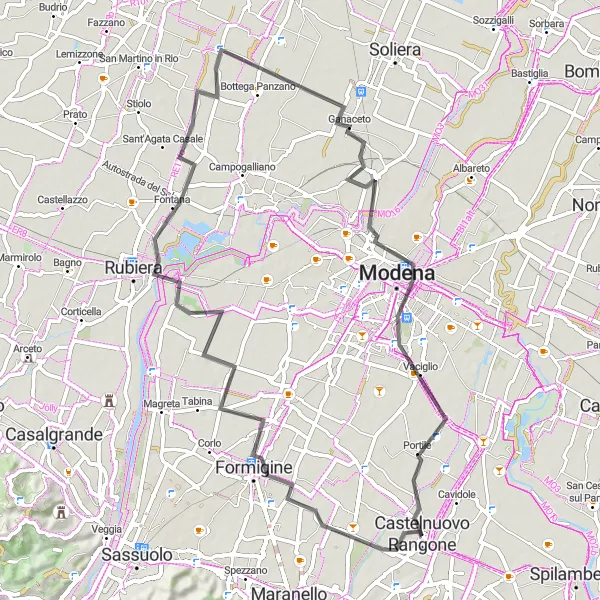 Miniaturní mapa "Road Route to Modena" inspirace pro cyklisty v oblasti Emilia-Romagna, Italy. Vytvořeno pomocí plánovače tras Tarmacs.app