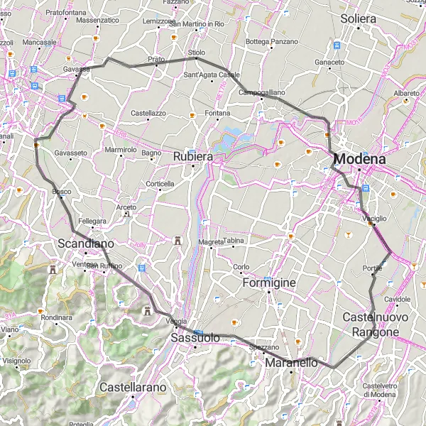 Miniatua del mapa de inspiración ciclista "Ruta de ciclismo de carretera desde Castelnuovo Rangone" en Emilia-Romagna, Italy. Generado por Tarmacs.app planificador de rutas ciclistas