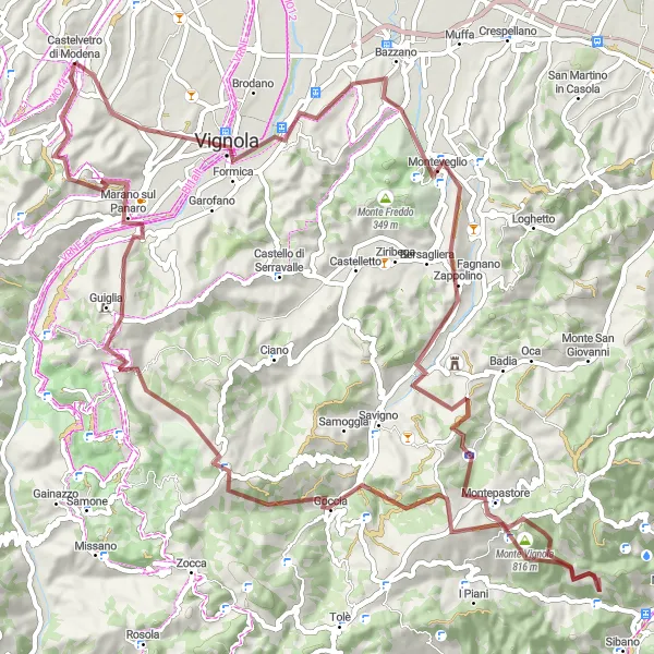 Mapa miniatúra "Off-Road Adventure from Savignano sul Panaro to Guiglia" cyklistická inšpirácia v Emilia-Romagna, Italy. Vygenerované cyklistickým plánovačom trás Tarmacs.app