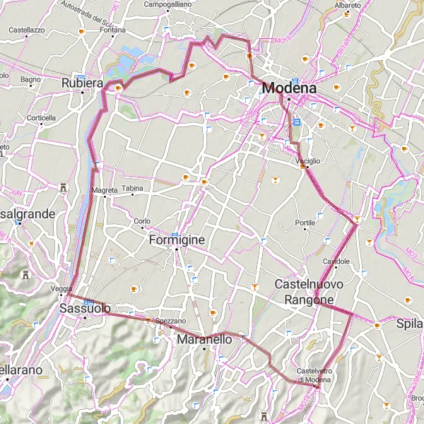 Miniatua del mapa de inspiración ciclista "Ruta de Grava a Modena" en Emilia-Romagna, Italy. Generado por Tarmacs.app planificador de rutas ciclistas