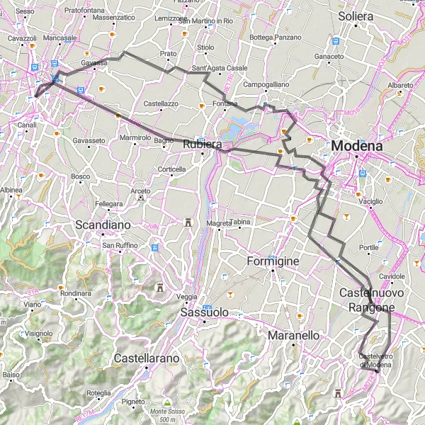 Miniature de la carte de l'inspiration cycliste "Le circuit de Reggio nell'Emilia et Castelnuovo Rangone" dans la Emilia-Romagna, Italy. Générée par le planificateur d'itinéraire cycliste Tarmacs.app
