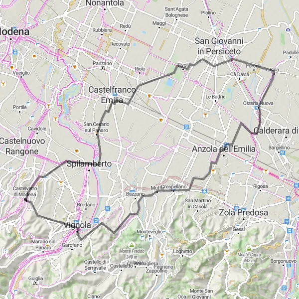 Map miniature of "Castelvetro - Spilamberto - Castelfranco Emilia - Villa Terracini - Anzola dell'Emilia - Vignola" cycling inspiration in Emilia-Romagna, Italy. Generated by Tarmacs.app cycling route planner