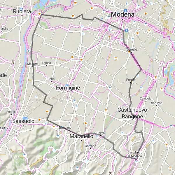 Miniature de la carte de l'inspiration cycliste "Le tour de Fiorano Modenese et Balugola" dans la Emilia-Romagna, Italy. Générée par le planificateur d'itinéraire cycliste Tarmacs.app