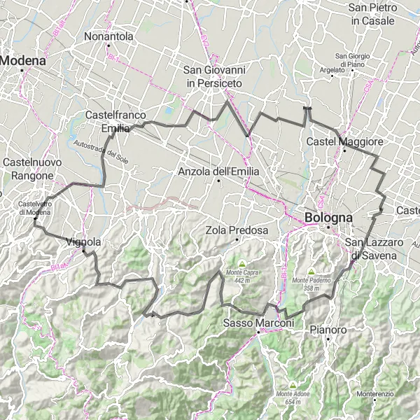 Zemljevid v pomanjšavi "Pustolovska kolesarska pot po Emilia-Romagni" kolesarske inspiracije v Emilia-Romagna, Italy. Generirano z načrtovalcem kolesarskih poti Tarmacs.app
