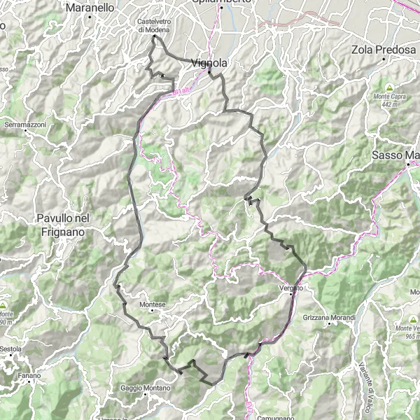 Miniaturní mapa "Okruh kolem Castelvetro di Modena" inspirace pro cyklisty v oblasti Emilia-Romagna, Italy. Vytvořeno pomocí plánovače tras Tarmacs.app