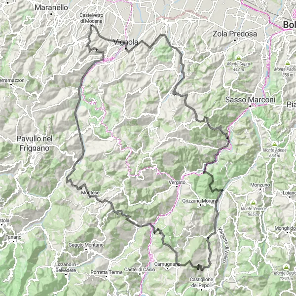 Miniature de la carte de l'inspiration cycliste "L'Épique Tour des Monts Modénois" dans la Emilia-Romagna, Italy. Générée par le planificateur d'itinéraire cycliste Tarmacs.app
