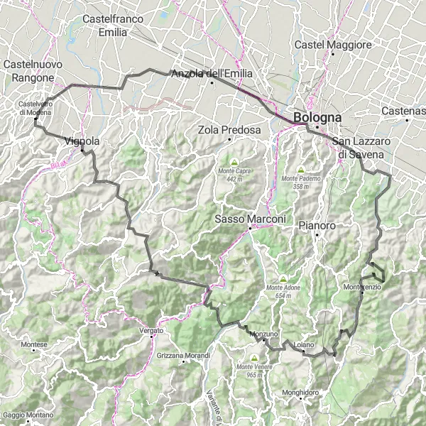 Map miniature of "The Road to Monterenzio" cycling inspiration in Emilia-Romagna, Italy. Generated by Tarmacs.app cycling route planner