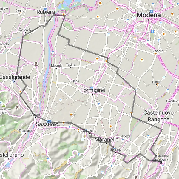 Miniaturní mapa "Prozkoumání Sassuolo a Casalgrande" inspirace pro cyklisty v oblasti Emilia-Romagna, Italy. Vytvořeno pomocí plánovače tras Tarmacs.app