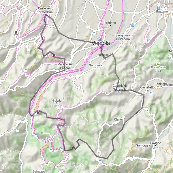 Map miniature of "Vignola Loop" cycling inspiration in Emilia-Romagna, Italy. Generated by Tarmacs.app cycling route planner