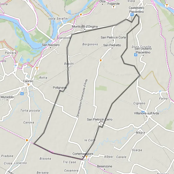 Miniaturní mapa "Cyklotrasa San Pietro in Cerro" inspirace pro cyklisty v oblasti Emilia-Romagna, Italy. Vytvořeno pomocí plánovače tras Tarmacs.app