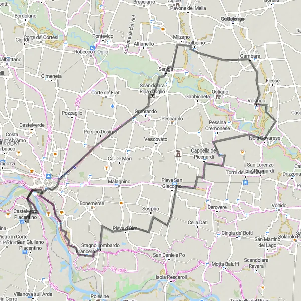 Map miniature of "Cremona Road Cycling Adventure" cycling inspiration in Emilia-Romagna, Italy. Generated by Tarmacs.app cycling route planner