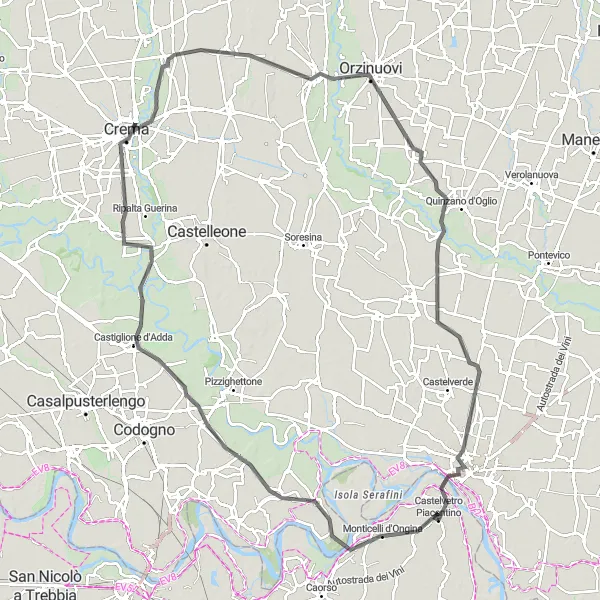 Miniatura della mappa di ispirazione al ciclismo "Giro in bicicletta tra Castelvetro Piacentino e Cremona" nella regione di Emilia-Romagna, Italy. Generata da Tarmacs.app, pianificatore di rotte ciclistiche