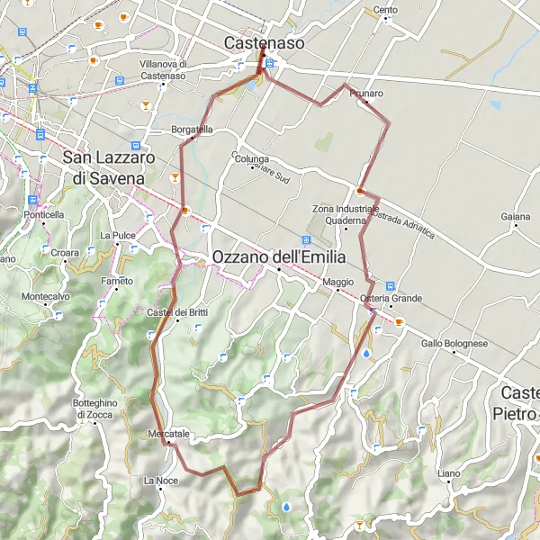 Map miniature of "Gravel Adventure: Explore the Scenic Route from Castenaso to Borgatella" cycling inspiration in Emilia-Romagna, Italy. Generated by Tarmacs.app cycling route planner