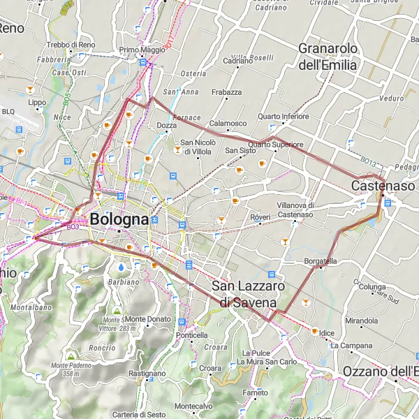 Miniaturní mapa "Gravelová trasa San Lazzaro di Savena" inspirace pro cyklisty v oblasti Emilia-Romagna, Italy. Vytvořeno pomocí plánovače tras Tarmacs.app