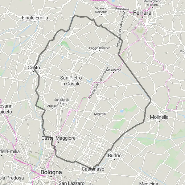 Map miniature of "From Castenaso to Castello d'Argile via San Pietro Capofiume" cycling inspiration in Emilia-Romagna, Italy. Generated by Tarmacs.app cycling route planner