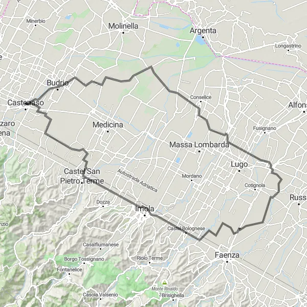 Miniatura della mappa di ispirazione al ciclismo "Tour in bici attraverso Budrio e Imola" nella regione di Emilia-Romagna, Italy. Generata da Tarmacs.app, pianificatore di rotte ciclistiche