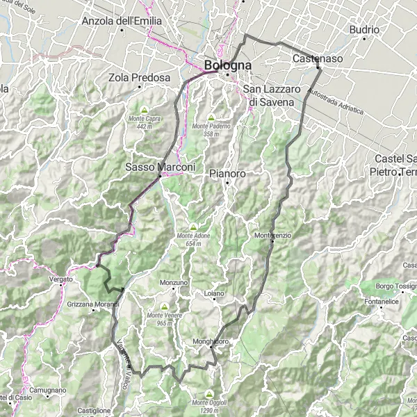 Miniature de la carte de l'inspiration cycliste "La Boucle des Montagnes de Bologne" dans la Emilia-Romagna, Italy. Générée par le planificateur d'itinéraire cycliste Tarmacs.app