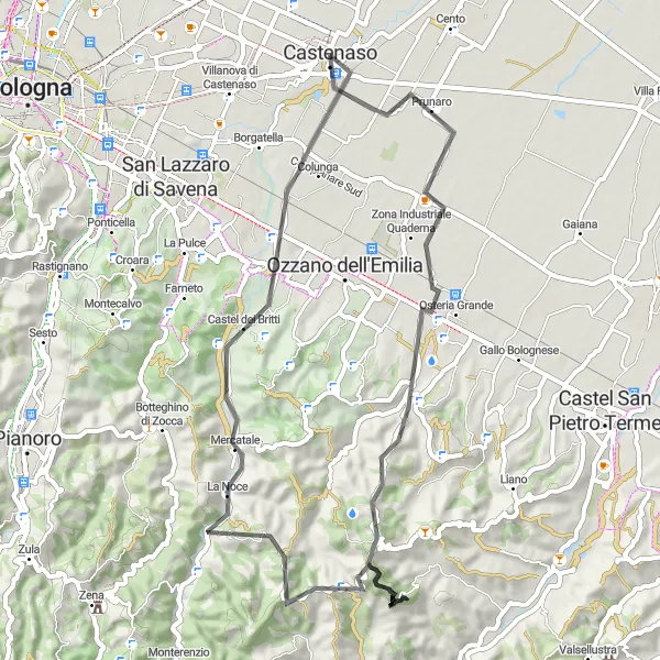 Map miniature of "Castenaso to Montecerre" cycling inspiration in Emilia-Romagna, Italy. Generated by Tarmacs.app cycling route planner