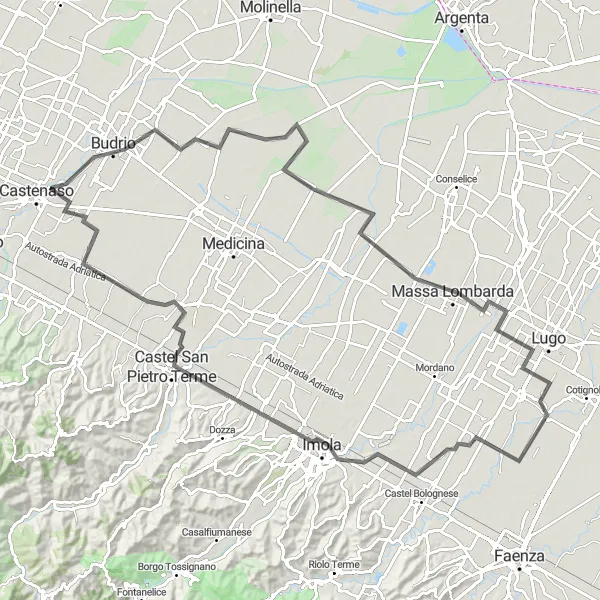 Kartminiatyr av "Budrio - Imola - Castel San Pietro Terme Rundtur på landeveien" sykkelinspirasjon i Emilia-Romagna, Italy. Generert av Tarmacs.app sykkelrutoplanlegger