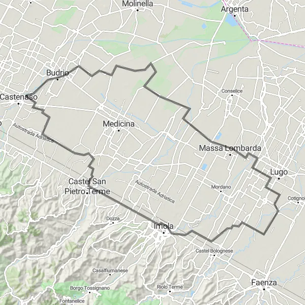 Miniatuurkaart van de fietsinspiratie "Cultuurroute van Budrio naar Ponte Rizzoli" in Emilia-Romagna, Italy. Gemaakt door de Tarmacs.app fietsrouteplanner