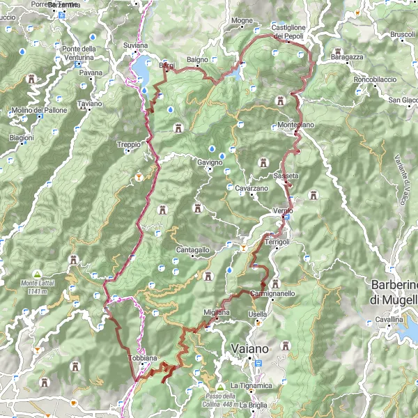 Kartminiatyr av "Grusvägscykling runt vackra Castiglione dei Pepoli" cykelinspiration i Emilia-Romagna, Italy. Genererad av Tarmacs.app cykelruttplanerare