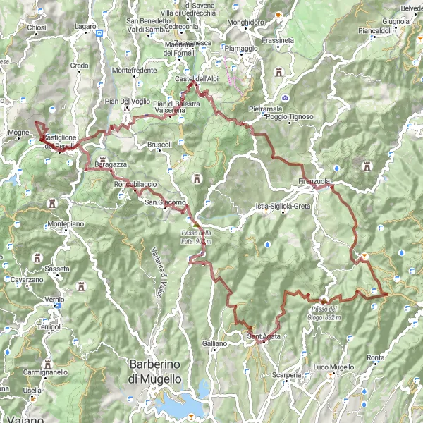 Miniaturní mapa "Trasa kolem Castiglione dei Pepoli (Emilia-Romagna, Itálie) na štěrkovém kole" inspirace pro cyklisty v oblasti Emilia-Romagna, Italy. Vytvořeno pomocí plánovače tras Tarmacs.app