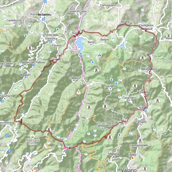 Kartminiatyr av "Grusvägaräventyr nära Castiglione dei Pepoli" cykelinspiration i Emilia-Romagna, Italy. Genererad av Tarmacs.app cykelruttplanerare