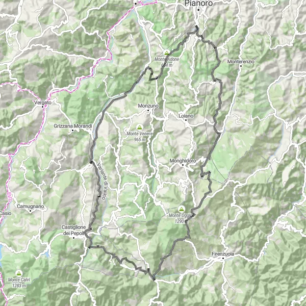 Map miniature of "The Adventure to Monte Bibele and Passo della Raticosa" cycling inspiration in Emilia-Romagna, Italy. Generated by Tarmacs.app cycling route planner