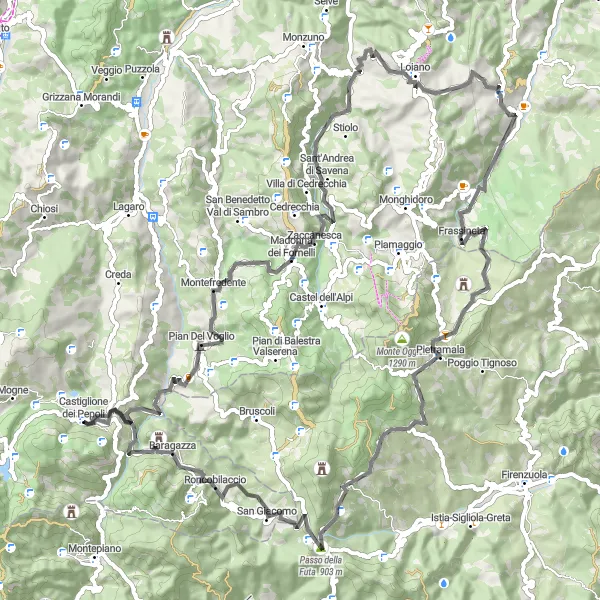 Zemljevid v pomanjšavi "Udobna cestna kolesarska pot blizu Castiglione dei Pepoli" kolesarske inspiracije v Emilia-Romagna, Italy. Generirano z načrtovalcem kolesarskih poti Tarmacs.app