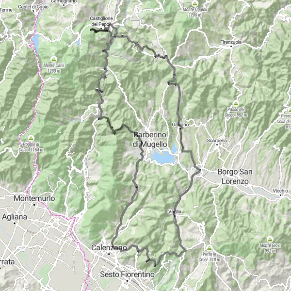 Miniatuurkaart van de fietsinspiratie "Castiglione dei Pepoli naar Montepiano Road Route" in Emilia-Romagna, Italy. Gemaakt door de Tarmacs.app fietsrouteplanner