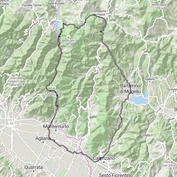 Map miniature of "Scenic Ride through Mugello" cycling inspiration in Emilia-Romagna, Italy. Generated by Tarmacs.app cycling route planner
