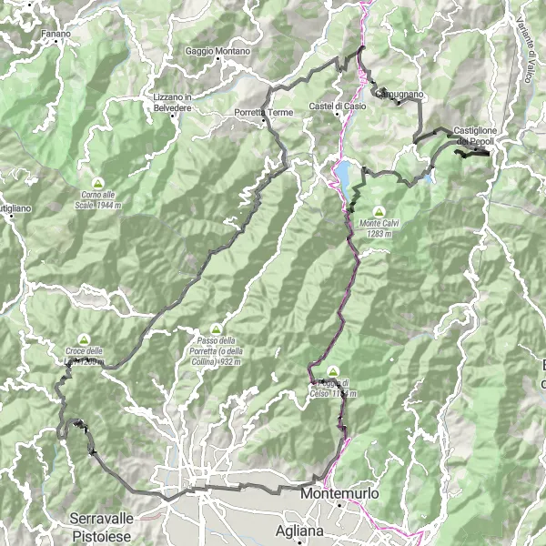 Zemljevid v pomanjšavi "Cestna kolesarska avantura v bližini Castiglione dei Pepoli" kolesarske inspiracije v Emilia-Romagna, Italy. Generirano z načrtovalcem kolesarskih poti Tarmacs.app