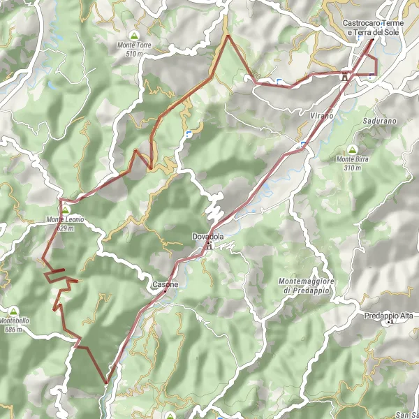 Miniatura della mappa di ispirazione al ciclismo "Monte La Siba e Passo del Monte Trebbio in Gravel" nella regione di Emilia-Romagna, Italy. Generata da Tarmacs.app, pianificatore di rotte ciclistiche