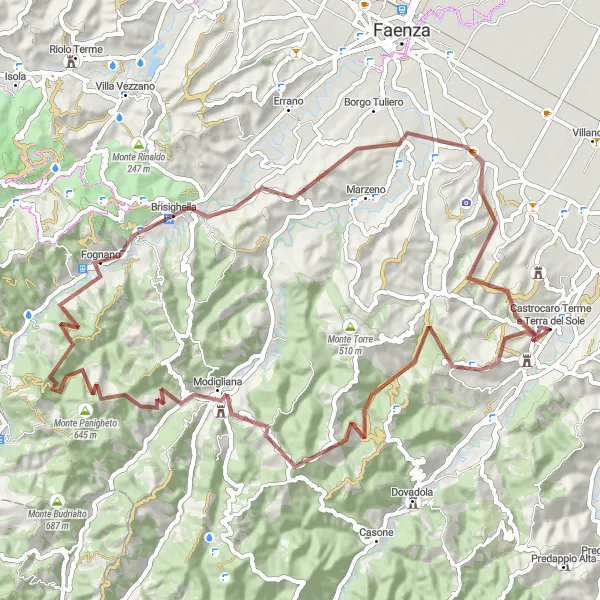Map miniature of "Unforgettable Gravel Cycling Adventure near Castrocaro Terme e Terra del Sole" cycling inspiration in Emilia-Romagna, Italy. Generated by Tarmacs.app cycling route planner