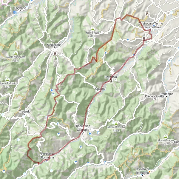 Kartminiatyr av "Eventyr gjennom grusveier og fjellandskap" sykkelinspirasjon i Emilia-Romagna, Italy. Generert av Tarmacs.app sykkelrutoplanlegger