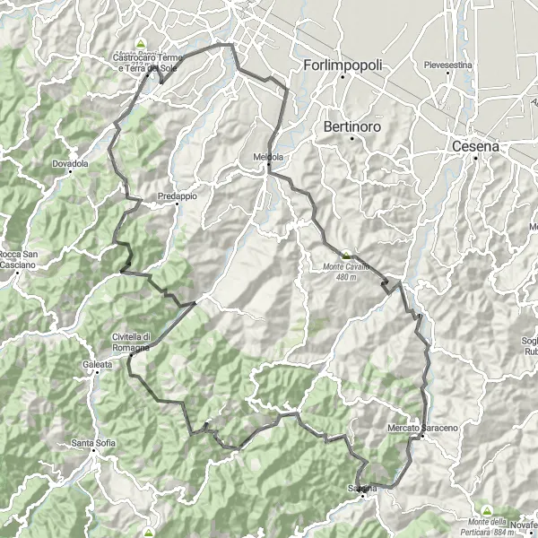 Map miniature of "Scenic Road Cycling Route near Castrocaro Terme e Terra del Sole" cycling inspiration in Emilia-Romagna, Italy. Generated by Tarmacs.app cycling route planner