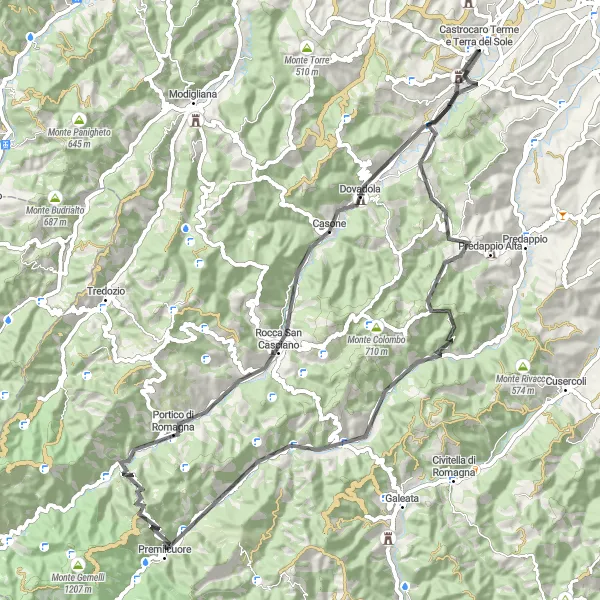 Kartminiatyr av "Rute til Monte Vecchio og Rocca San Casciano" sykkelinspirasjon i Emilia-Romagna, Italy. Generert av Tarmacs.app sykkelrutoplanlegger