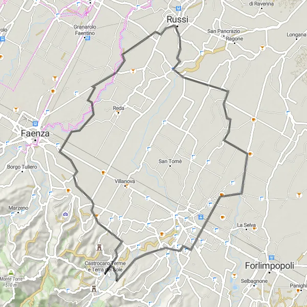 Miniatura della mappa di ispirazione al ciclismo "Russi e Barisano in Road" nella regione di Emilia-Romagna, Italy. Generata da Tarmacs.app, pianificatore di rotte ciclistiche