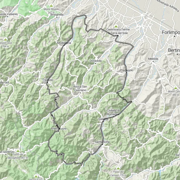 Miniature de la carte de l'inspiration cycliste "Les panoramas à couper le souffle de l'Apennin émilien-romagnol" dans la Emilia-Romagna, Italy. Générée par le planificateur d'itinéraire cycliste Tarmacs.app