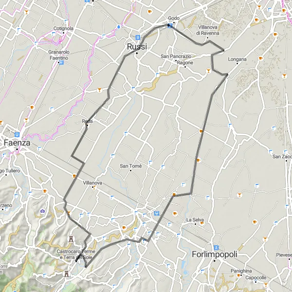 Miniatura della mappa di ispirazione al ciclismo "Russi e Gambellara in Road" nella regione di Emilia-Romagna, Italy. Generata da Tarmacs.app, pianificatore di rotte ciclistiche